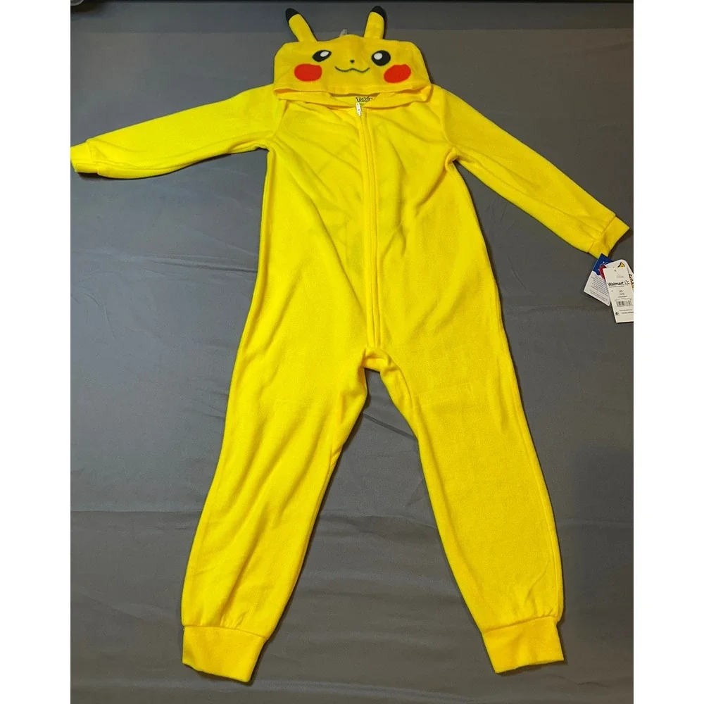 Pokemon Pikachu Kids Fleece Hooded One Piece Pajamas Yellow XS 4/5 NWT‎